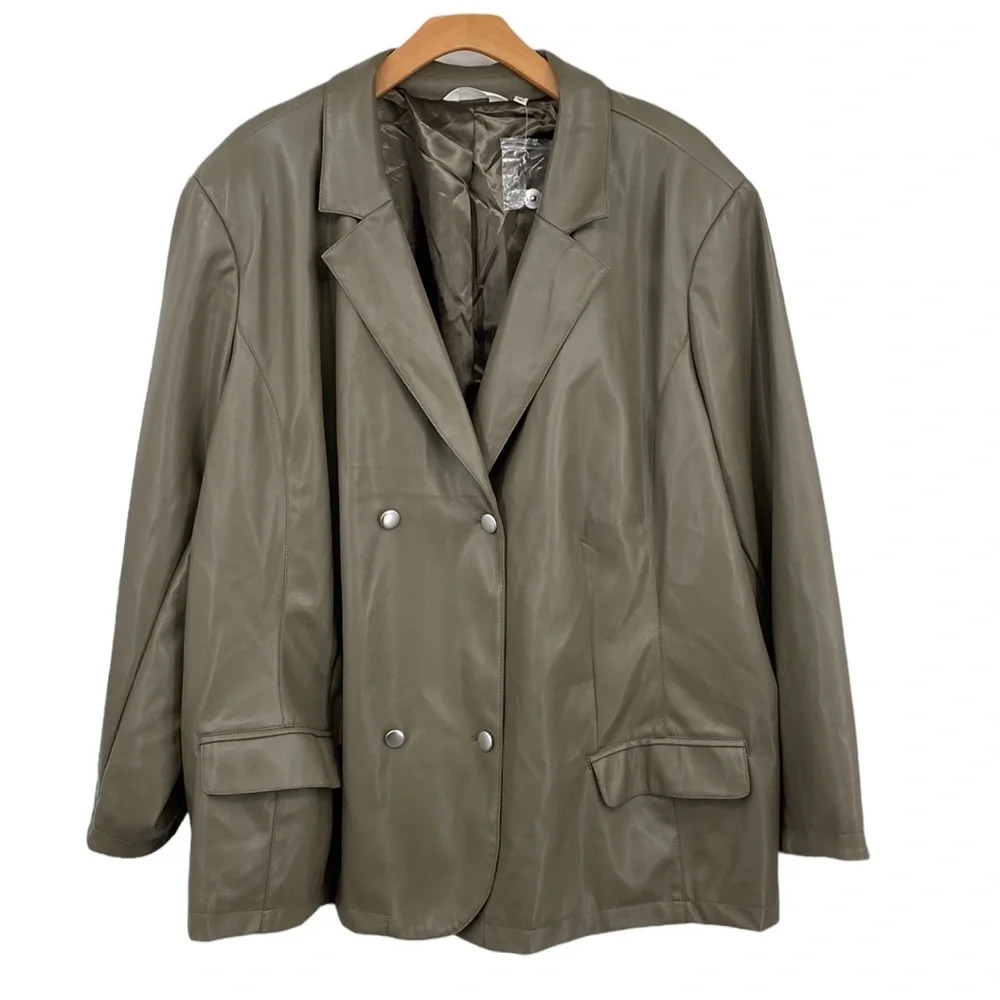 Candace Cameron Bure Blazer Womens 5X Olive Green Faux Leather Double Breasted